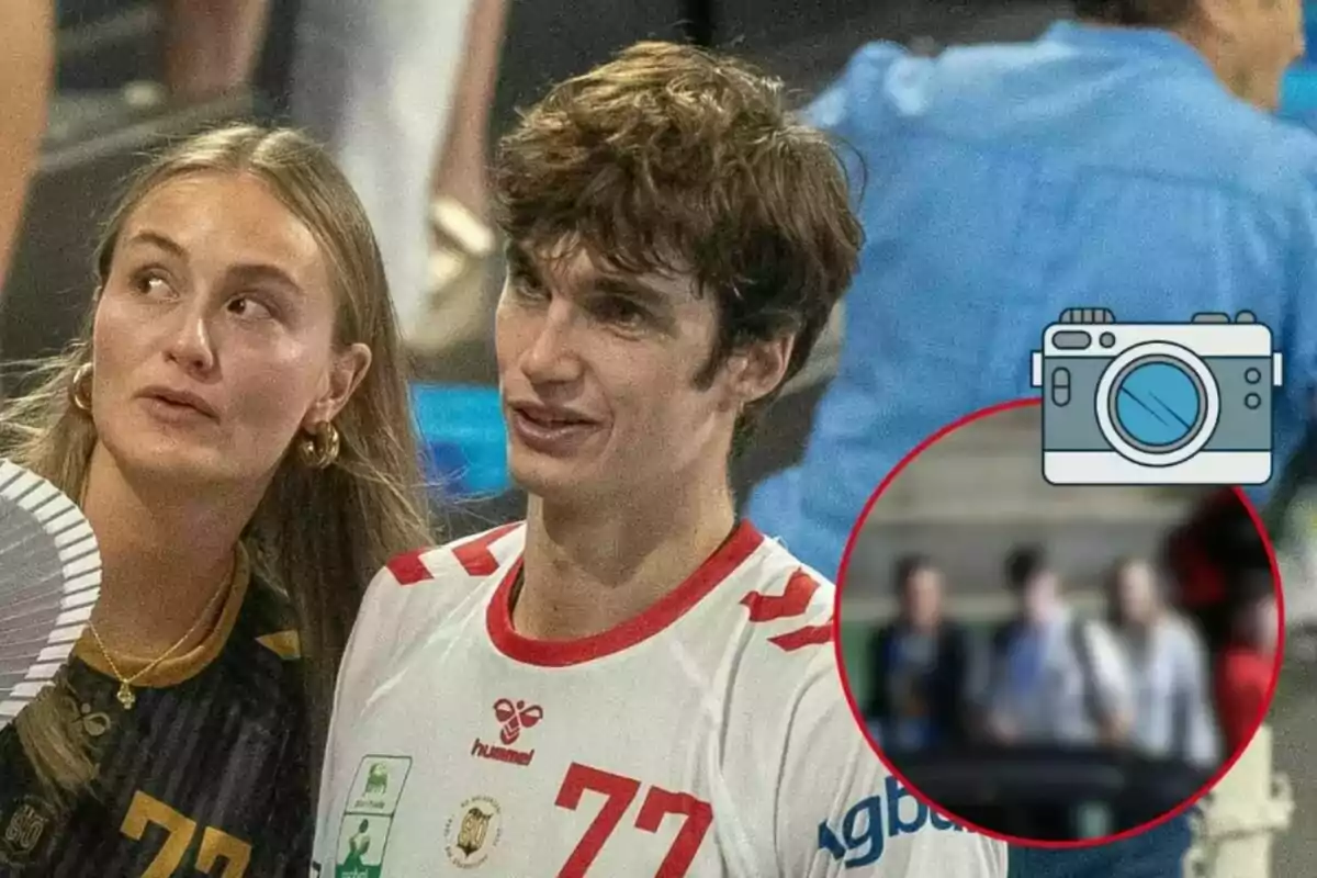 Johanna Zott y Pablo Urdangarin con camisetas deportivas están juntos en un evento deportivo, con un círculo resaltando a personas en el fondo.