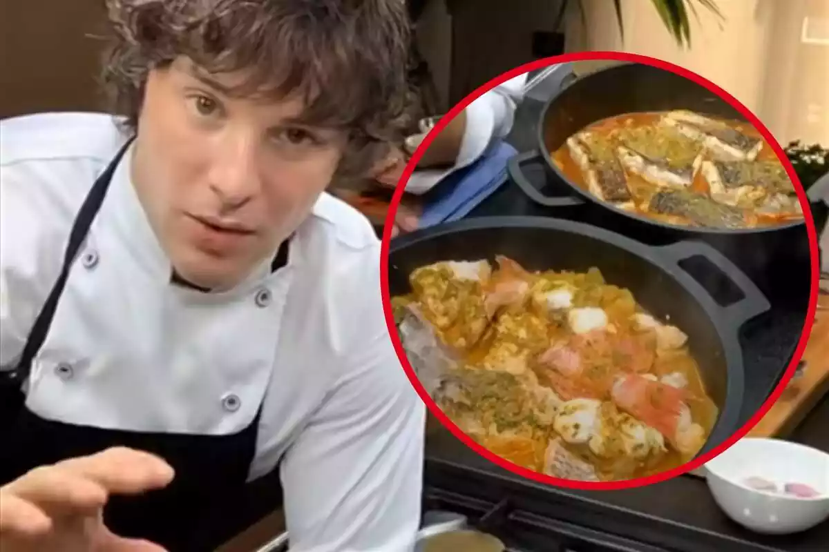 Montaje con una imagen del chef Jordi Cruz hablando y un círculo con dos cazuelas con suquet de peix