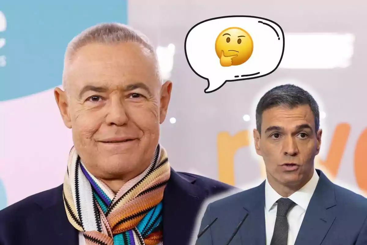 Jordi González y Pedro Sánchez en un montaje fotográfico con un emoji de pensamiento en un globo de diálogo.