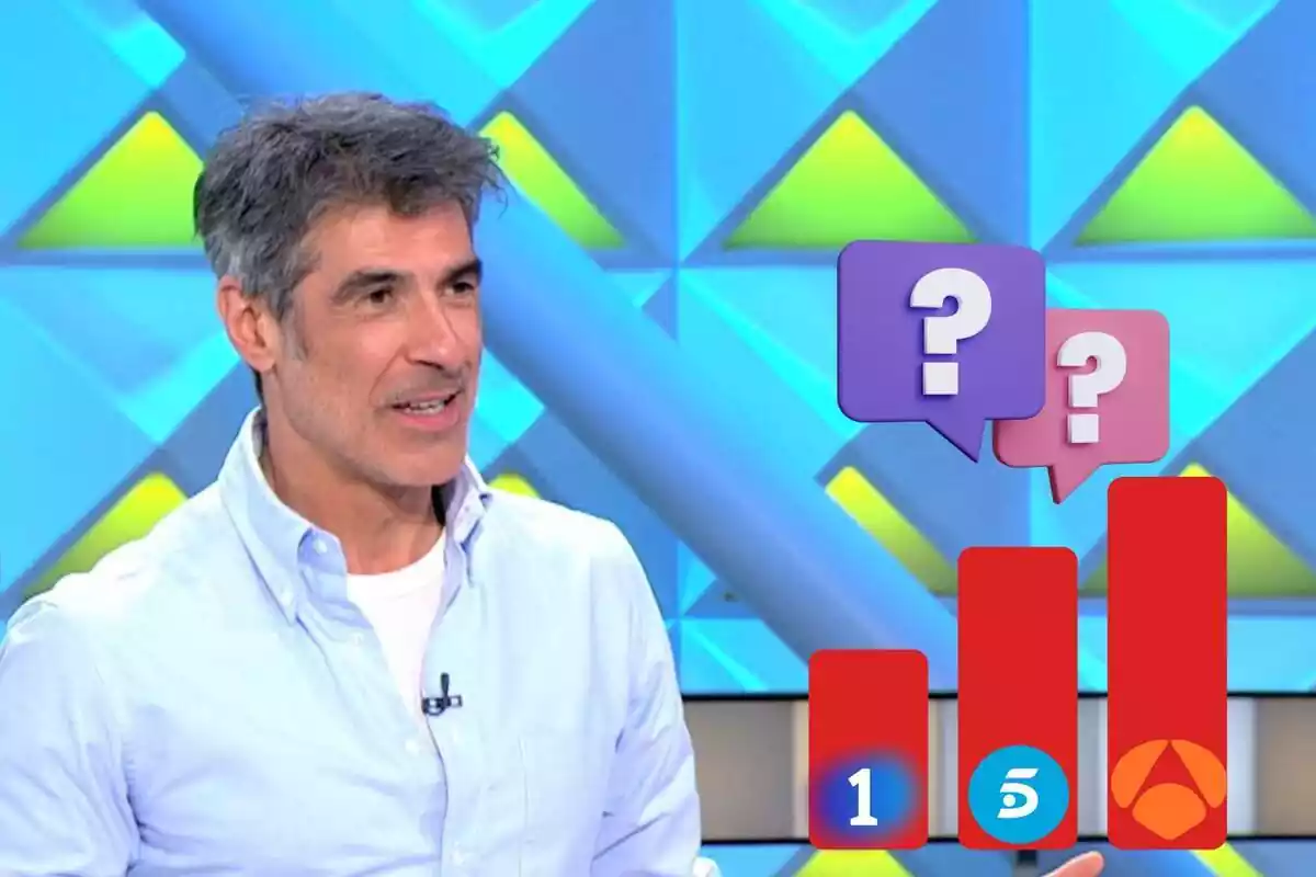 Montaje de Jorge Fernández sonriendo con una camisa azul, unos interrogantes y un gráfico de barras rojo con los logos de La 1, Telecinco y Antena 3