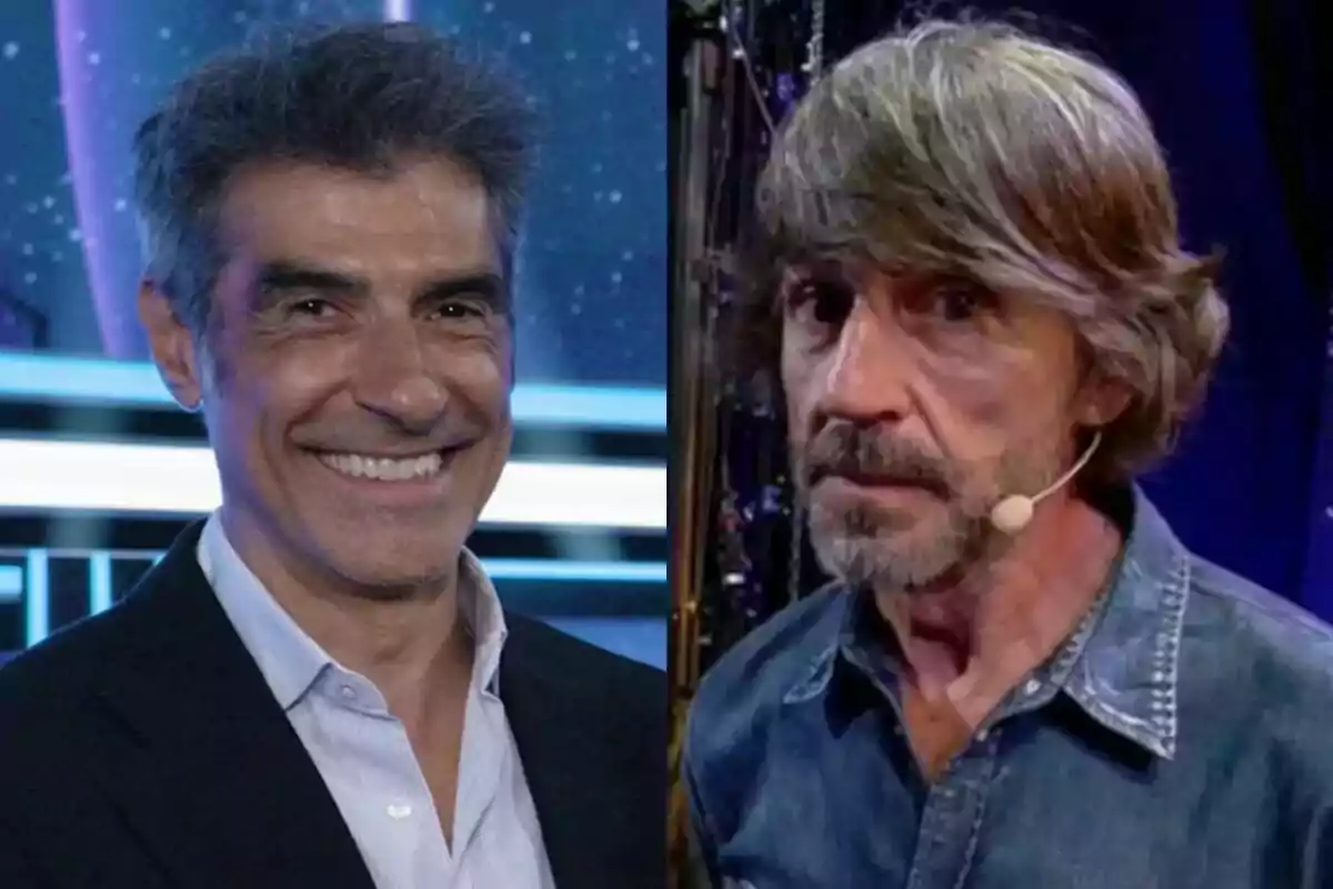 Montaje de Jorge Fernández sonriendo en La Ruleta de la Suerte a la izquierda y Santi Millán con una expresión seria en Got Talent a la derecha.