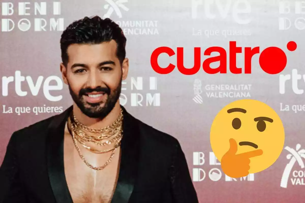 Montaje de Jorge González sonriendo con unos collares dorados, el logo de Cuatro y un emoji pensando