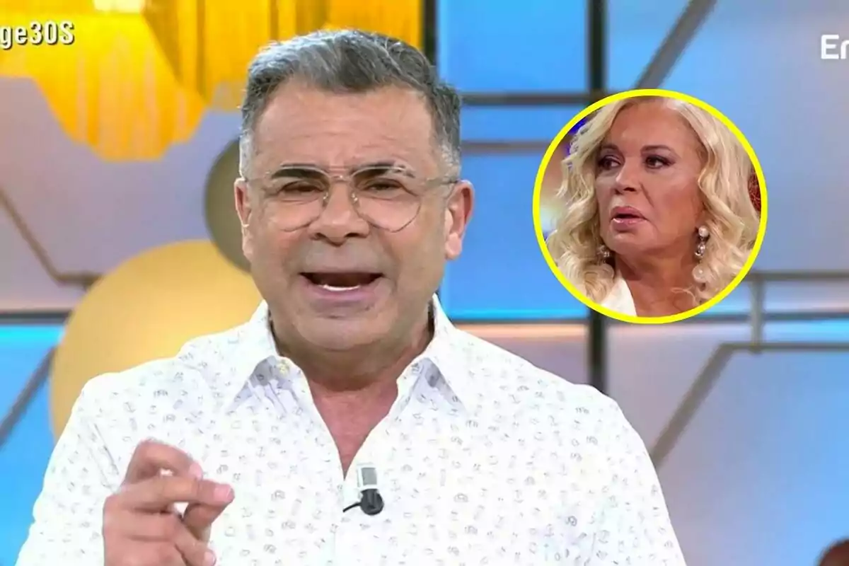 Jorge Javier Vázquez con gafas y camisa blanca habla en El Diario de Jorge, mientras en la esquina superior derecha aparece una imagen circular de Bárbara Rey con expresión seria.