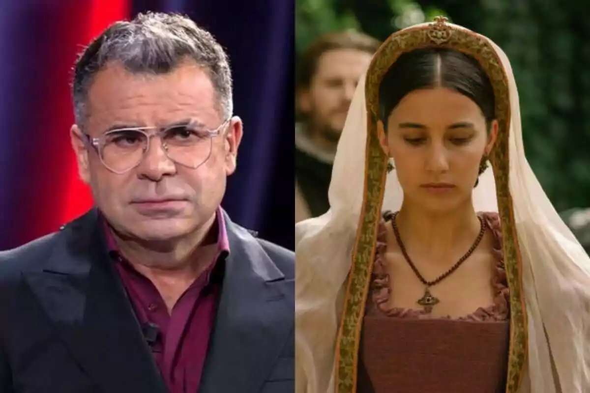 Jorge Javier Vázquez con gafas y expresión seria en Gran Hermano junto a Amaia Aberasturi vestida con atuendo medieval y mirada hacia abajo en Beguinas.