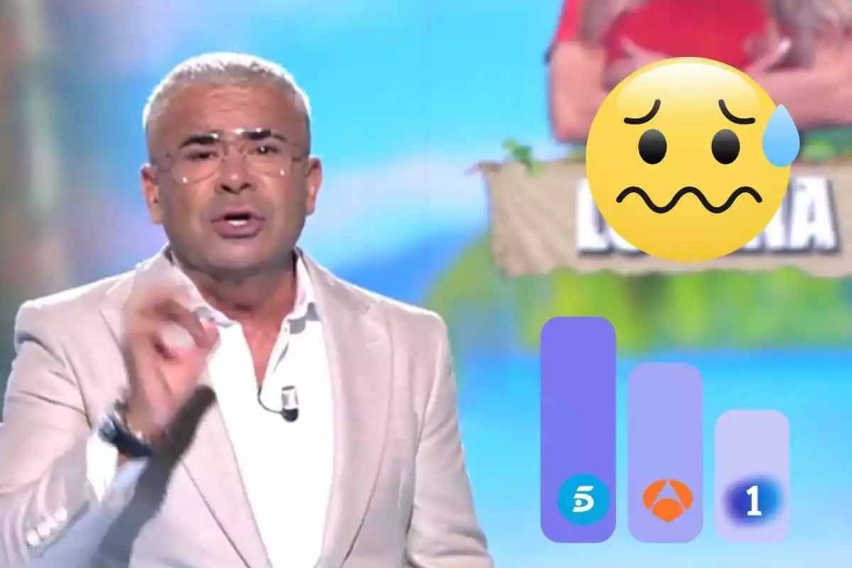 Montaje de Jorge Javier Vázquez hablando en traje blanco, un gráfico de barras con los logos de Telecinco, Antena 2 y La 1 y un emoji de miedo