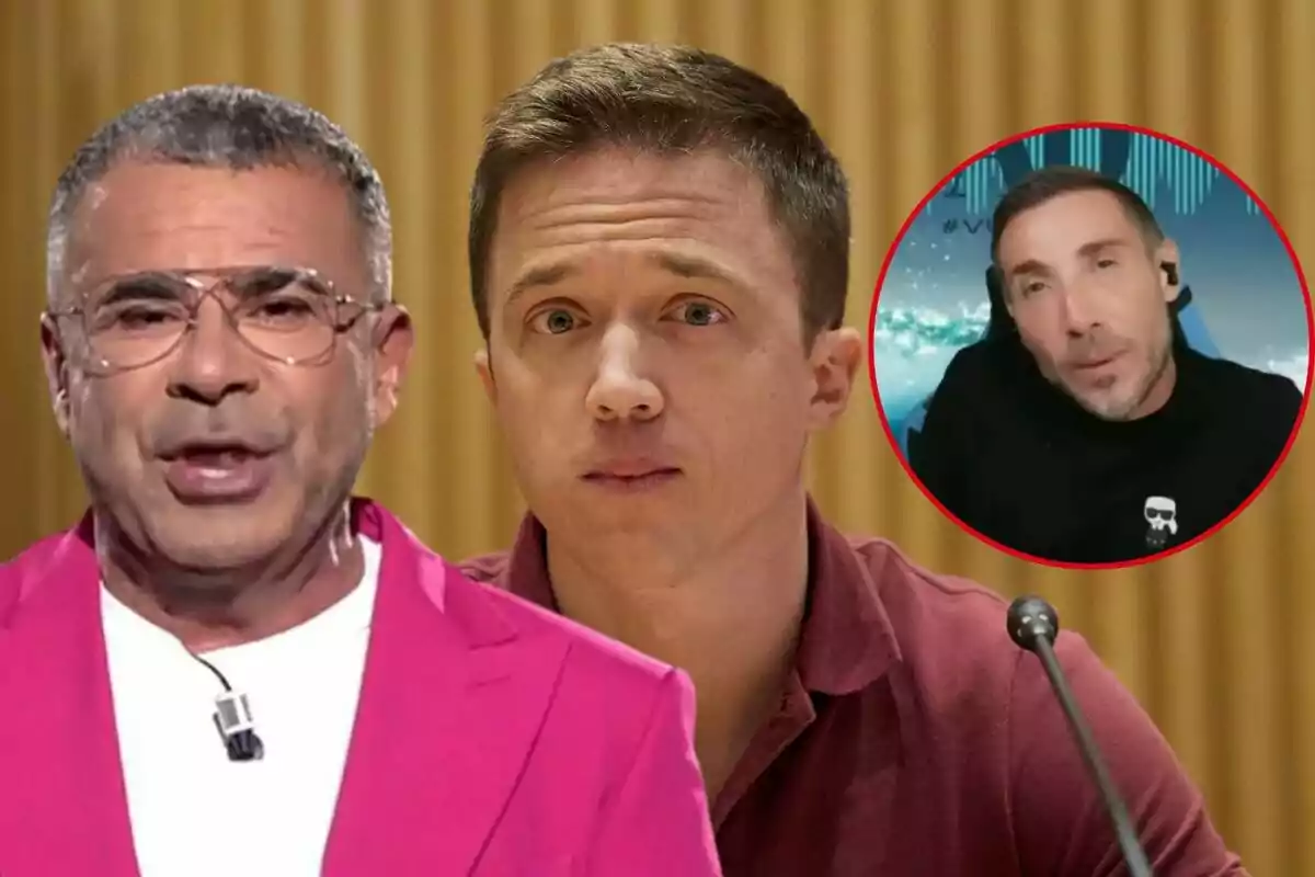 Jorge Javier Vázquez, Íñigo Errejón y Antonio David Flores en una imagen, uno con chaqueta rosa, otro con camisa marrón y un tercero en un recuadro circular.