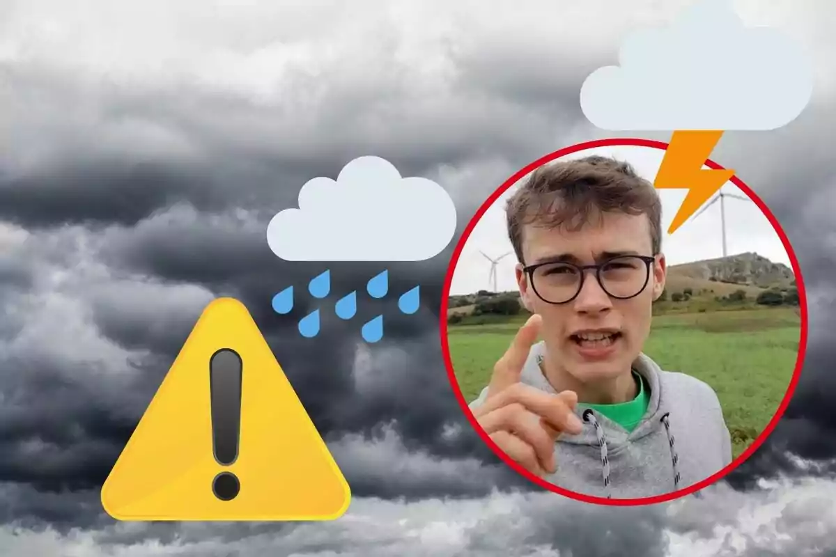 Un joven con gafas y sudadera gris señala con el dedo mientras está rodeado de un círculo rojo sobre un fondo de nubes oscuras con iconos de advertencia de lluvia y tormenta.