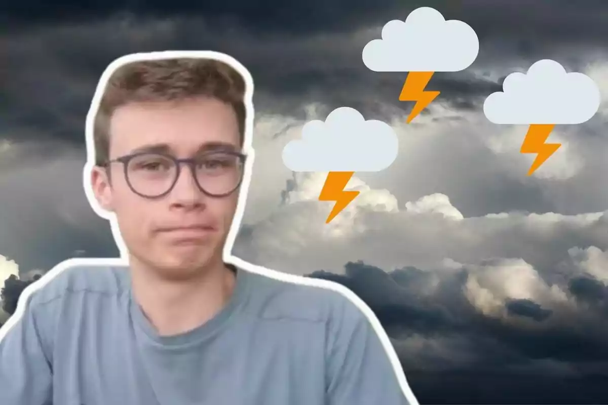 Montaje con Jorge Rey, rayos en forma de emoji y cielo nuboso