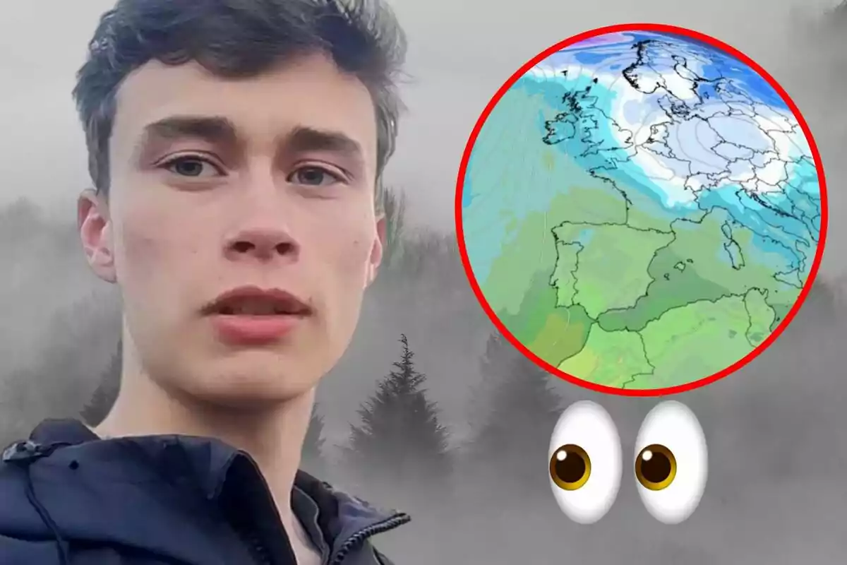 Un joven con expresión seria aparece en un fondo de bosque nublado junto a un gráfico meteorológico circular y un emoji de ojos.