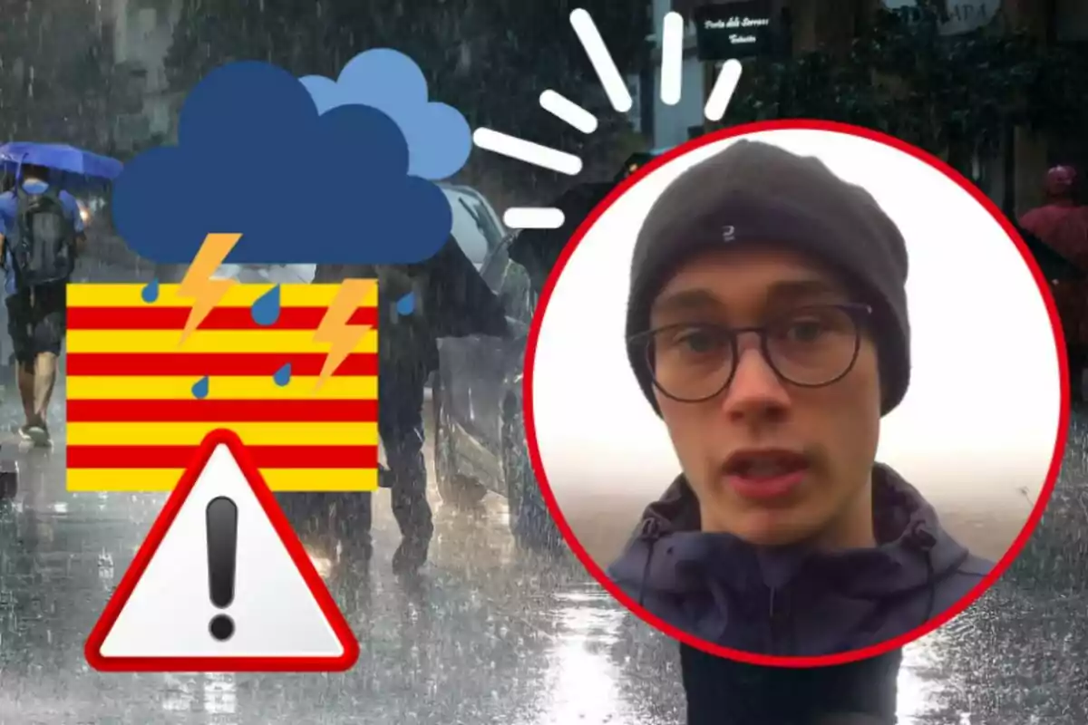 Una persona con gafas y gorro aparece en un círculo rojo sobre una imagen de fondo de una calle lluviosa con personas usando paraguas, junto a un icono de nube con rayos y gotas de lluvia y un signo de advertencia triangular.