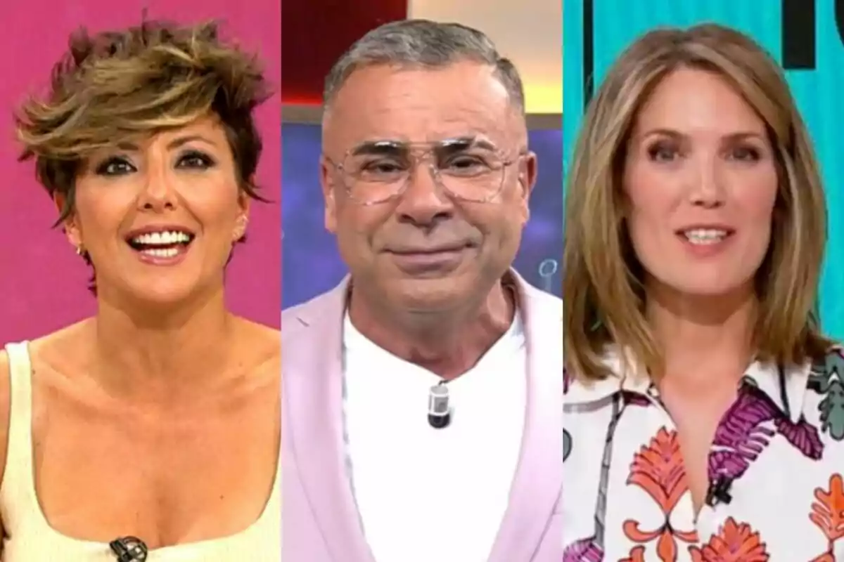 Tres personas sonrientes en un collage, Sonsoles Ónega en Y ahora Sonsoles con cabello corto y despeinado a la izquierda, Jorge Javier Vázquez en El Diario de Jorge con gafas y chaqueta rosa en el centro, y Silvia Intxaurrondo en La Hora de La 1 con cabello rubio y blusa estampada a la derecha.