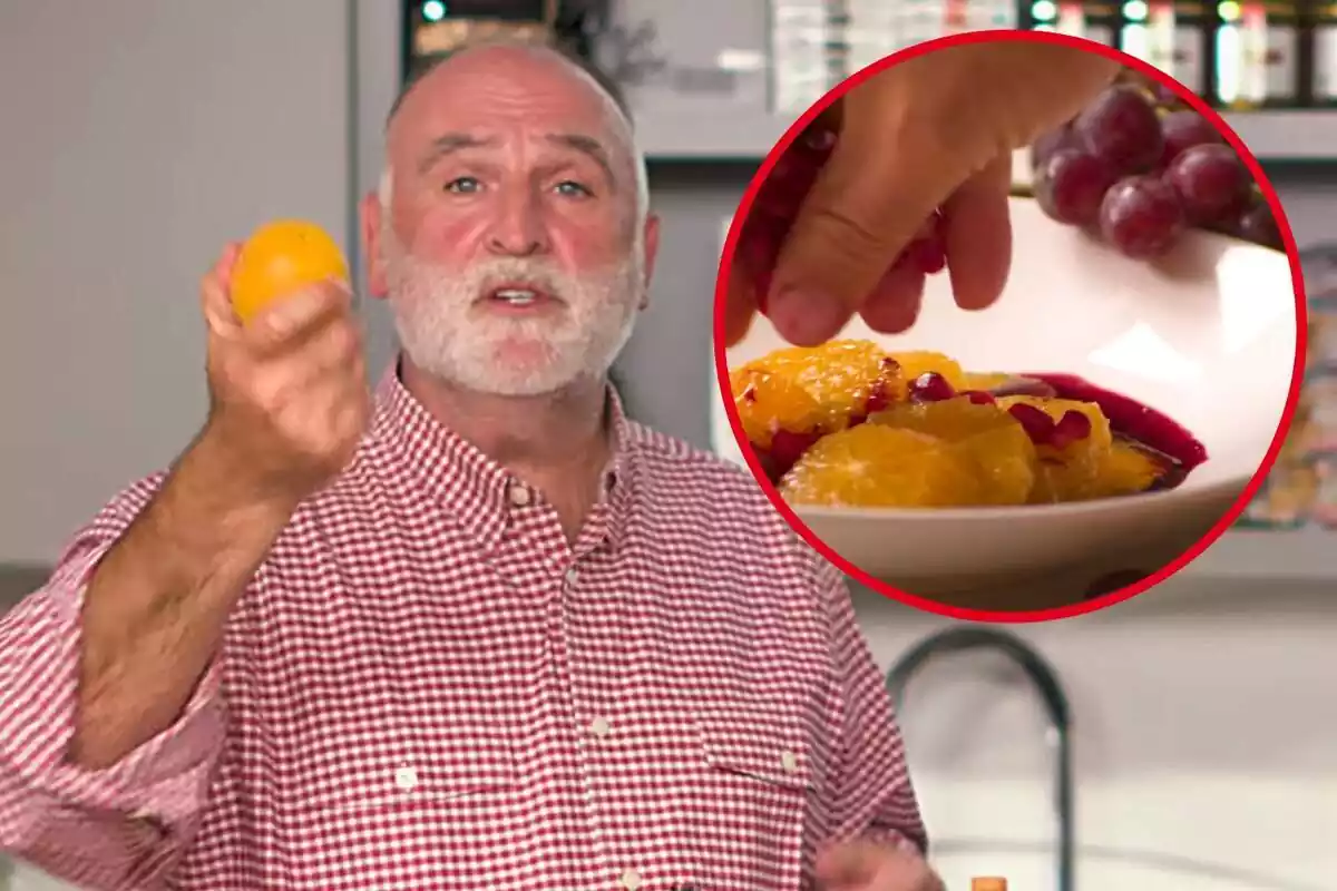 Montaje con el rostro del chef José Andrés hablando con una naranja en la mano y un círculo con el postre elaborado por el mismo cocinero