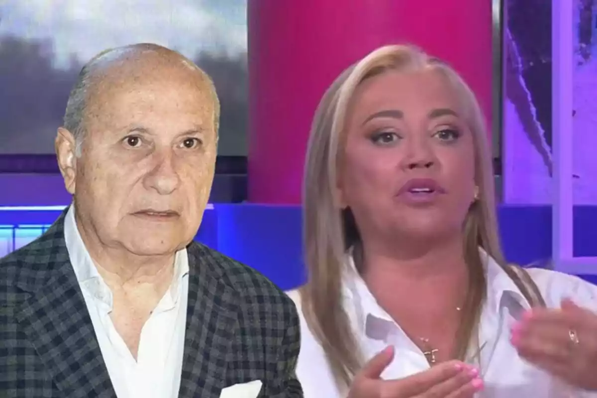 Montaje de José Carlos Bernal serio en traje de cuadros gris y camisa blanca y Belén Esteban hablando con camisa blanca gesticulando