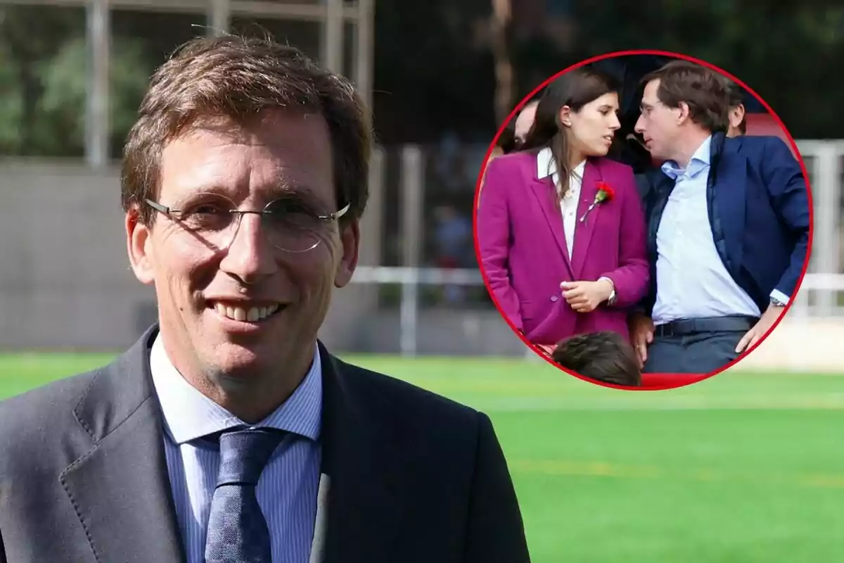 José Luis Martínez-Almeida con gafas y traje sonríe al aire libre, con una imagen insertada de él y Teresa Urquijo conversando de cerca.