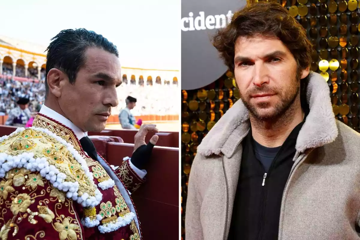Montaje de José María Manzanares serio vestido de torero y Cayetano Rivera sonriendo con un abrigo gris Montaje de José María Manzanares serio vestido de torero y Cayetano Rivera sonriendo con un abrigo gris