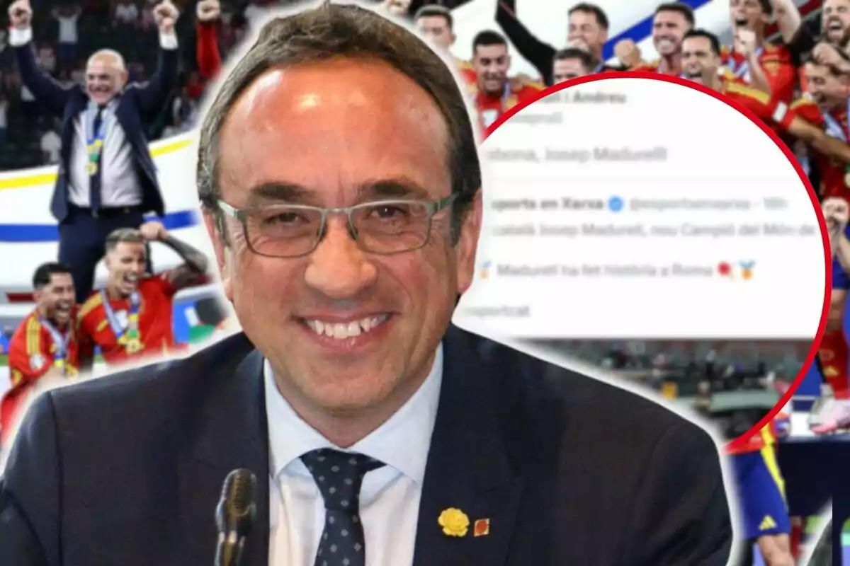 Josep Rull, con un fondo de celebración deportiva donde se ven jugadores y un entrenador levantando los brazos en señal de victoria.