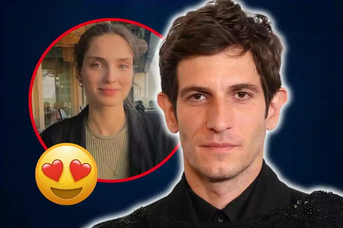 Un hombre con expresión seria en primer plano y una mujer sonriendo en un círculo rojo al fondo con un emoji de ojos de corazón.