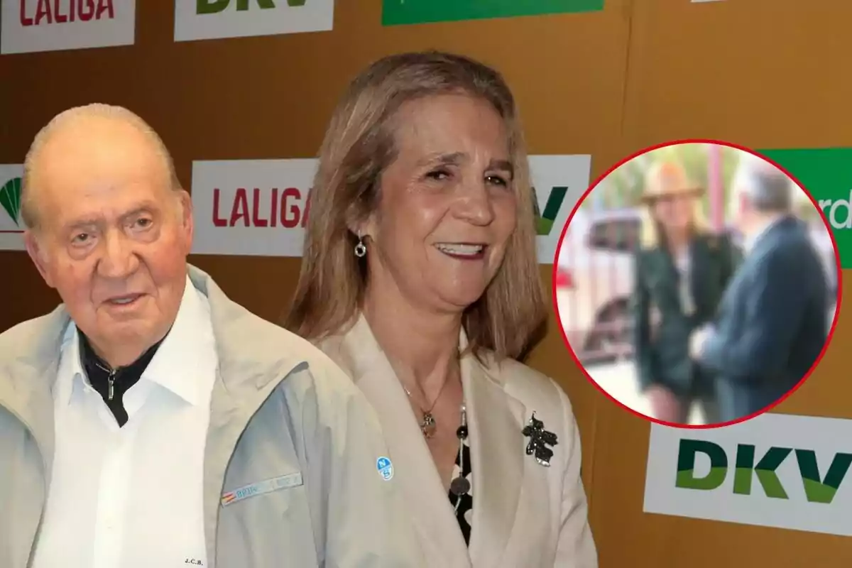 Juan Carlos I y la infanta Elena posan frente a un fondo con logotipos de LaLiga y DKV, con un recuadro que muestra una imagen borrosa de una conversación.