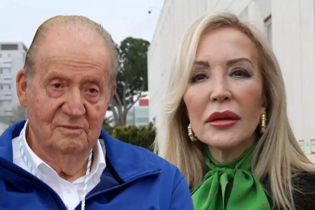 Juan Carlos I y Carmen Lomana posando al aire libre con un edificio de fondo.