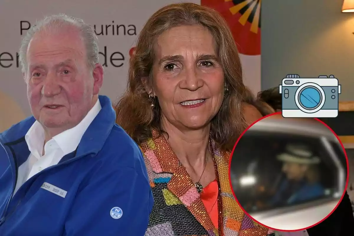 Juan Carlos I y la infanta Elena posan para una foto en un evento con un recuadro que muestra a una persona dentro de un vehículo.