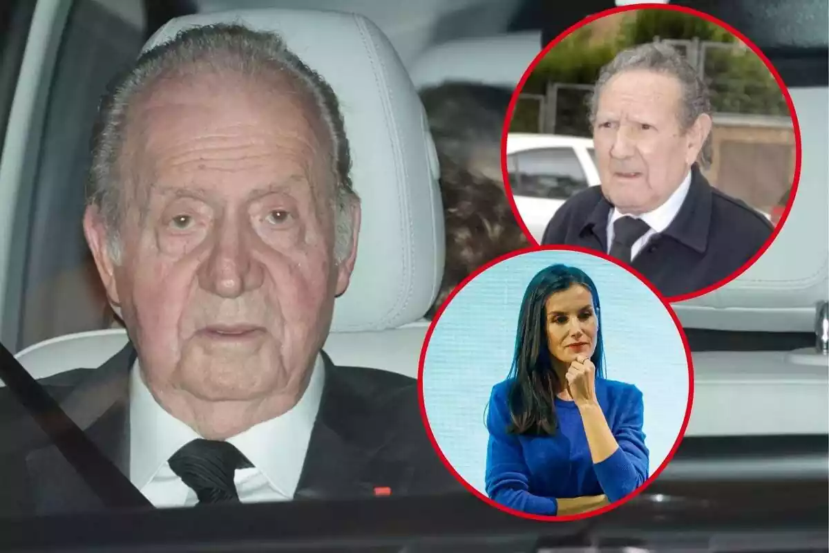 Montaje con Juan Carlos I en el coche, Francisco Rocasolano con rostro neutro y Letizia con la mano en la barbilla