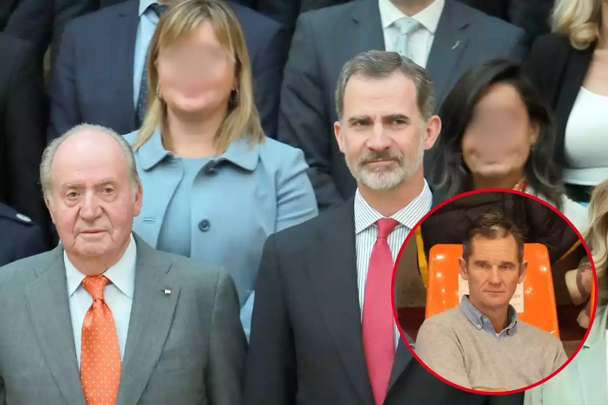 Montaje de Juan Carlos I serio con corbata naranja junto a Felipe VI sonriendo con corbata roja e Iñaki Urdangarin serio
