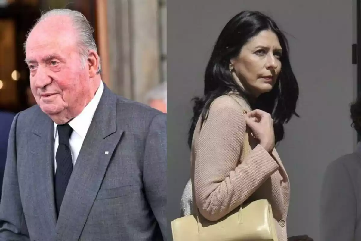 Montaje de Juan Carlos en traje andado hacia el lado mirando con rostro impasible al lado de una foto de Ana Togores en la calle agarrada a su bolso mirando a la lejanía Montaje de Juan Carlos en traje andado hacia el lado mirando con rostro impasible al lado de una foto de Ana Togores en la calle agarrada a su bolso mirando a la lejanía