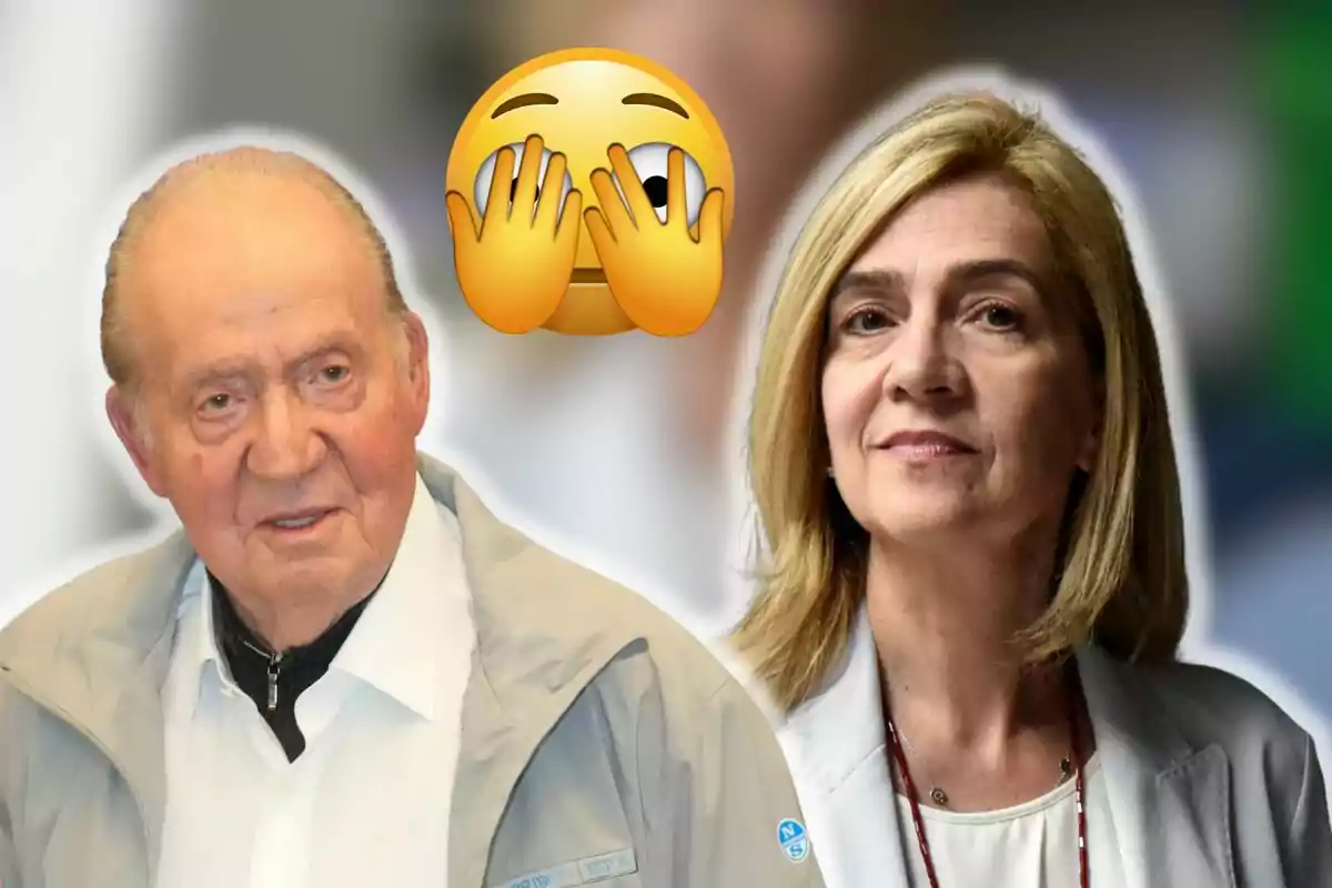 Juan Carlos I y la infanta Cristina con un emoji de manos cubriendo la cara entre ellas.