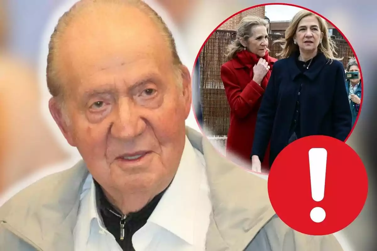 Juan Carlos I con chaqueta clara aparece en primer plano mientras en un círculo al fondo se ven la infanta Elena y la infanta Cristina caminando y un signo de exclamación rojo.