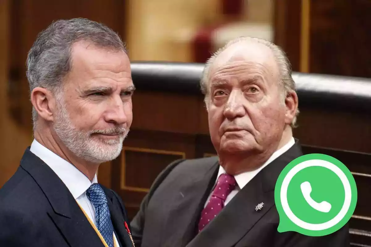 Montaje con Felipe con una media sonrisa, Juan Carlos mirando hacia arriba y un círculo verde con un teléfono blanco