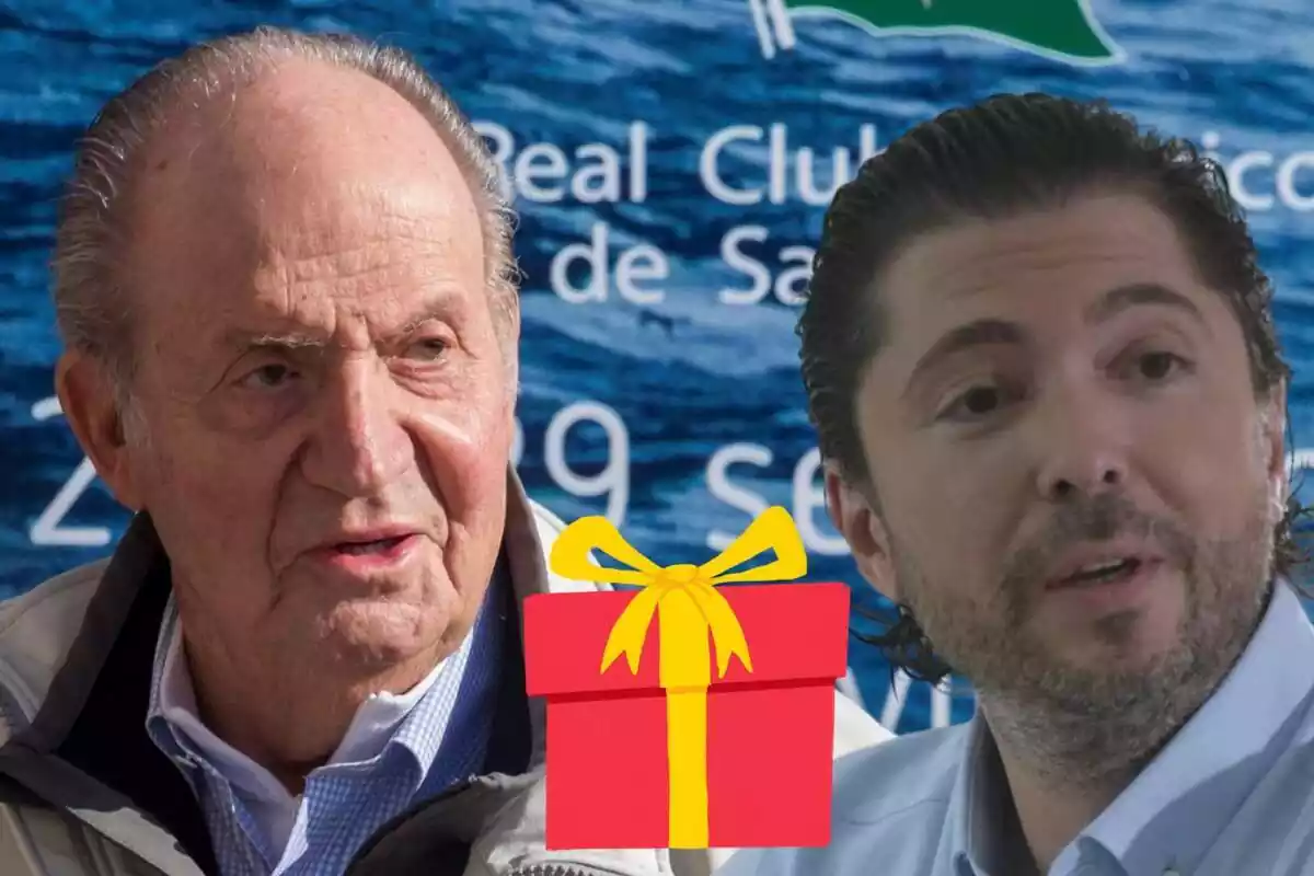 Montaje con Juan Carlos I con rostro neutro, Ángel Cristo con el pelo hacia atrás y un regalo