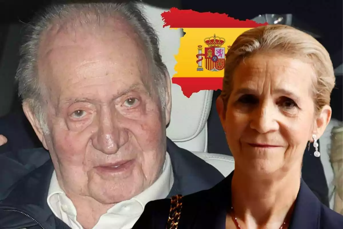 Montaje de Juan Carlos I con rostro neutro dentro de un coche, la infanta Elena sonriendo con el pelo recogido y la bandera de España