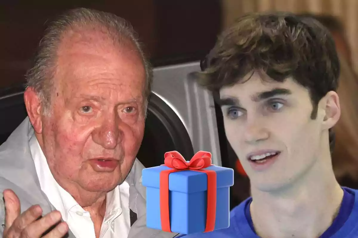 Montaje de Juan Carlos I con rostro neutro, Pablo Urdangarin mirando a un lado y un regalo