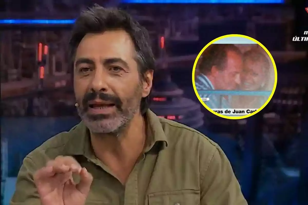 Juan del Val con barba hablando en El Hormiguero, con una imagen circular insertada en la esquina superior derecha que muestra al Rey Juan Carlos y Bárbara Rey abrazadas.