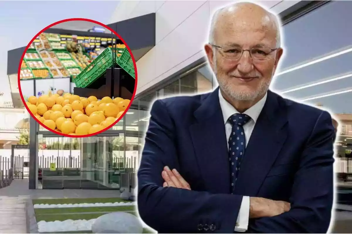 Montaje de Juan Roig y naranjas de Mercadona