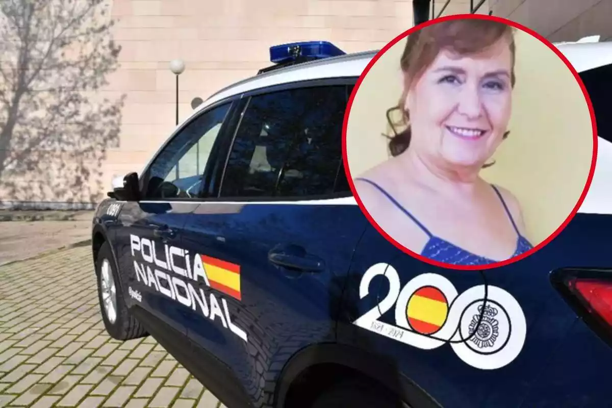 Un coche de la Policía Nacional, y en el círculo, imagen de Juana Ramos