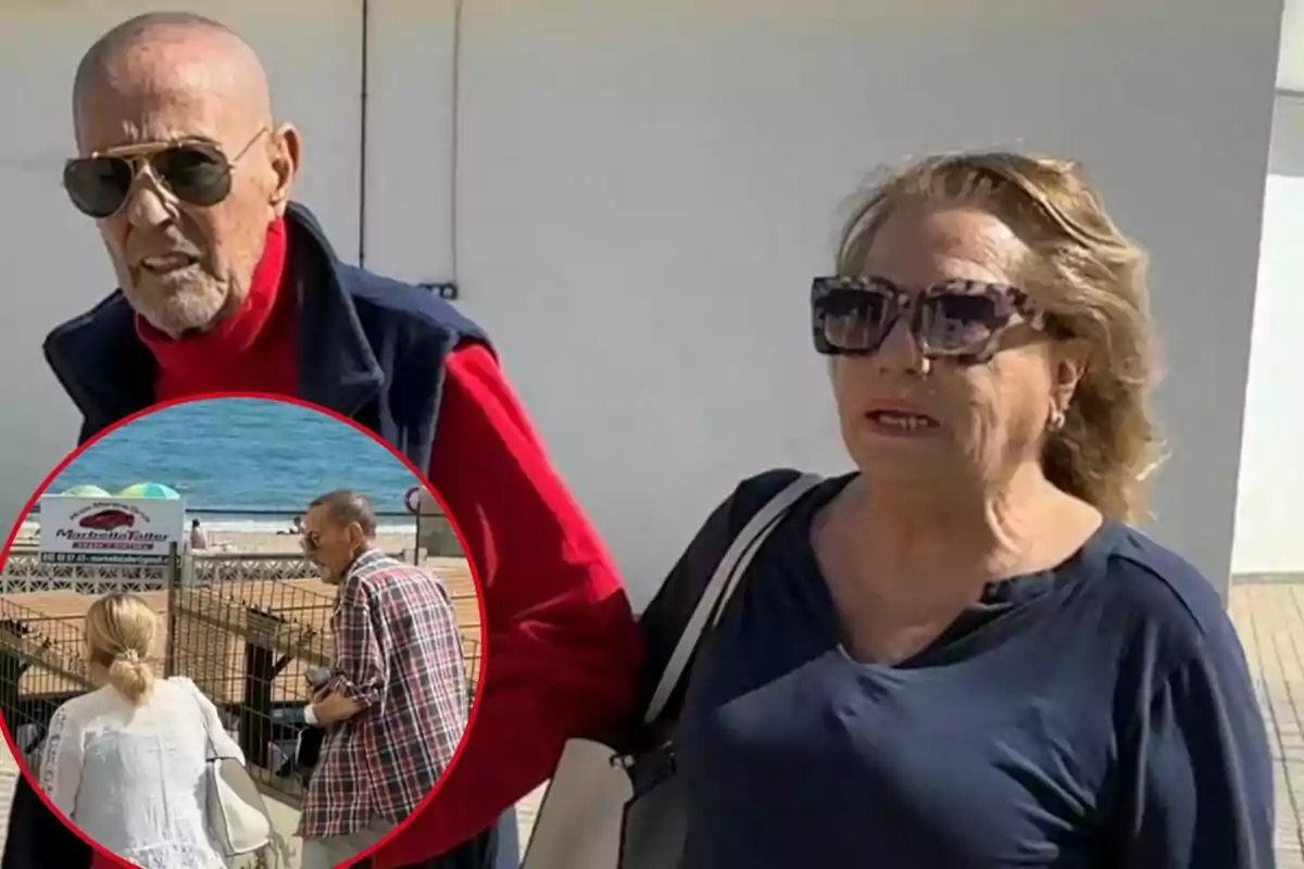 Montaje de Julián Muñoz serio con gafas de sol chaleco azul y jersey rojo junto a Mayte Zaldívar seria con gafas de sol y jersey azul y una imagen de ellos de espaldas