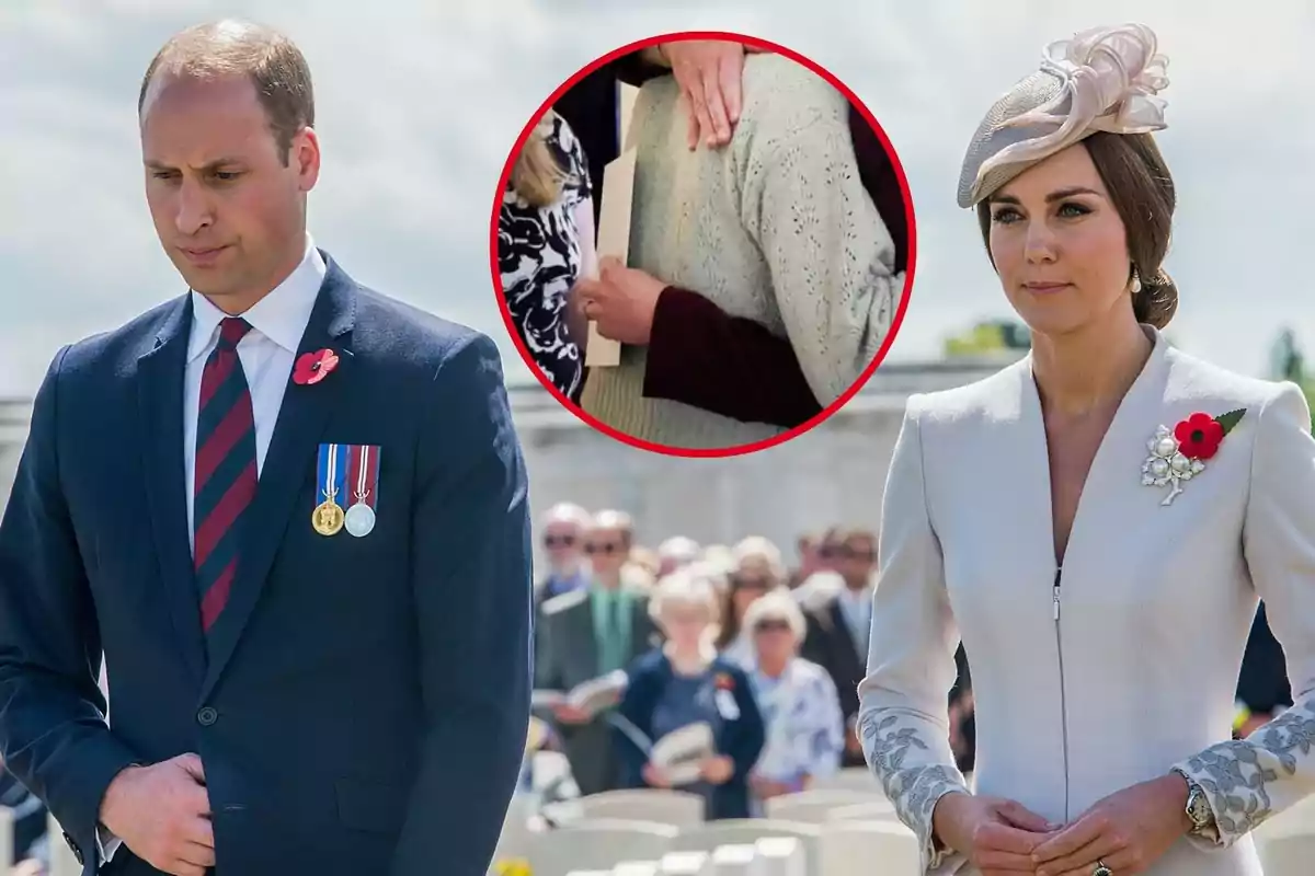 Kate Middleton y el príncipe Guillermo formalmente asiste a un evento conmemorativo al aire libre, con un círculo rojo en la parte superior que muestra un abrazo entre dos personas.