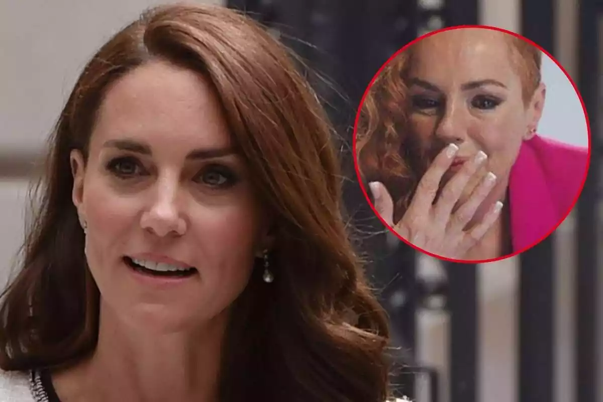 Montaje de Kate Middleton seria y Rocío Carrasco llorando con la mano en la cara
