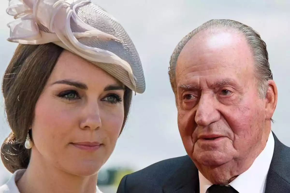 Montaje de Kate Middleton seria con un tocado en la cabeza y Juan Carlos I sonriendo en un traje negro
