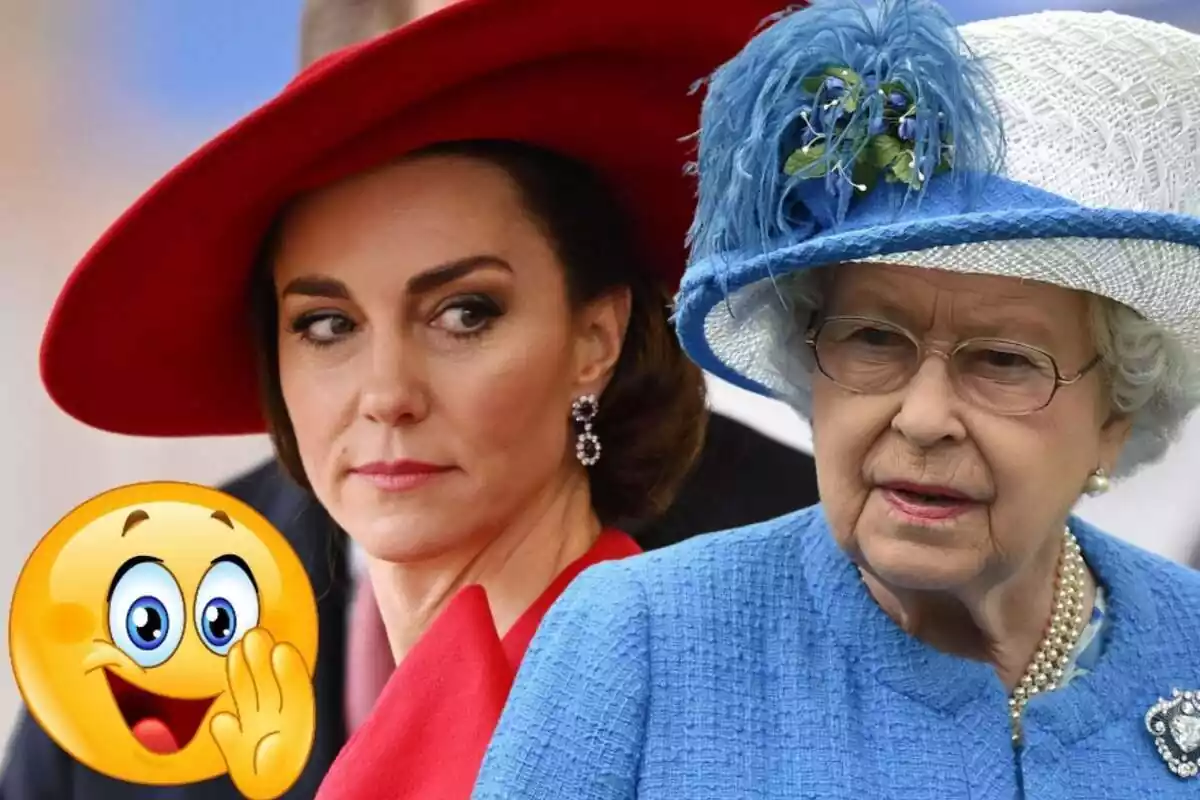 Montaje de Kate Middleton seria con un sombrero rojo, la reina Isabel seria con un sombrero blanco con una flor azul y un emoji de secreto