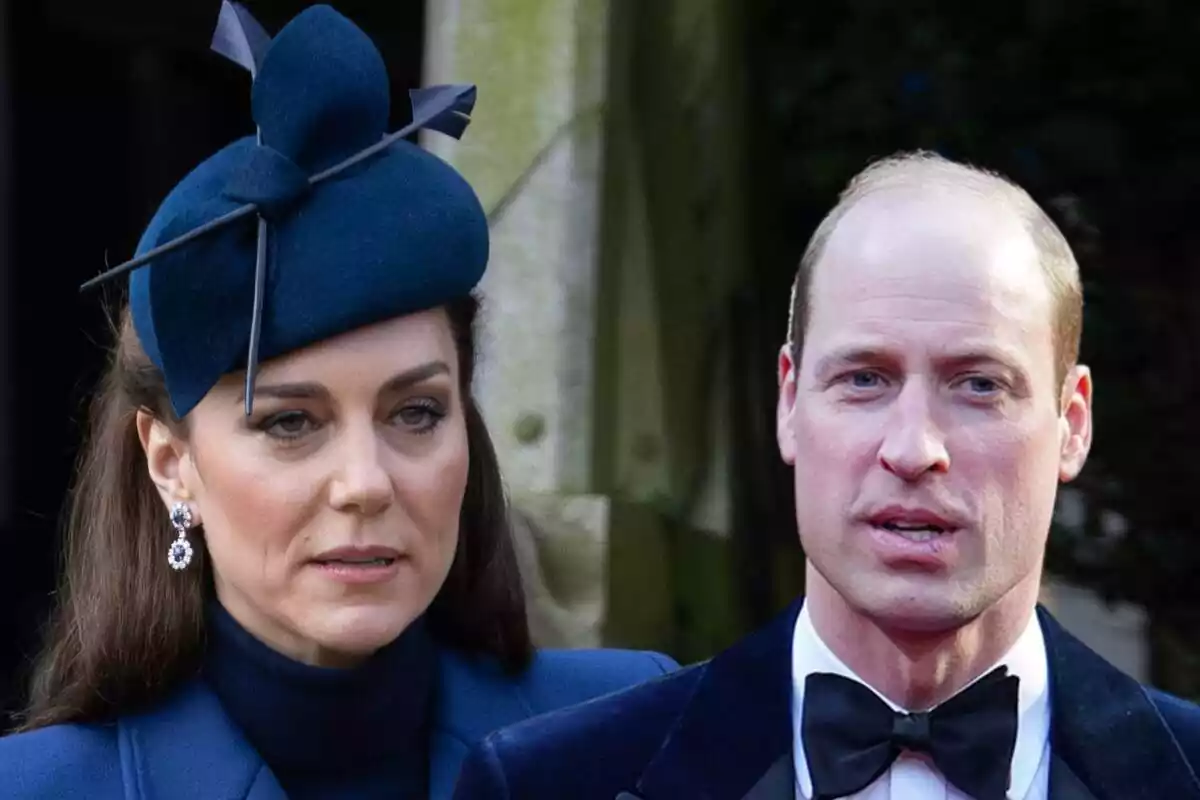 Montaje de Kate Middleton seria con un tocado azul y el príncipe Guillermo serio con un traje negro y pajarita