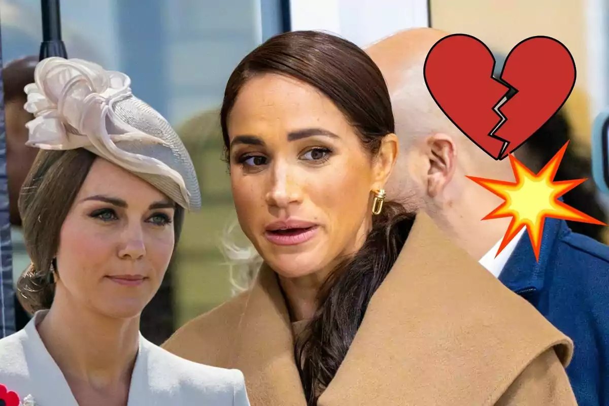 Kate Middleton y Meghan Markle con expresiones serias, una con un sombrero elegante y la otra con un abrigo marrón, con un emoji de corazón roto y una explosión en el fondo.