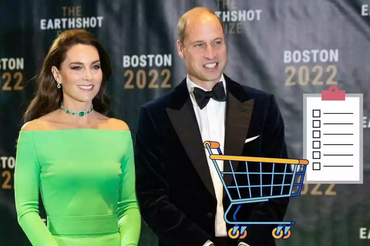 Kate Middleton y el príncipe Guillermo elegantemente vestida posa en un evento con un fondo que dice "The Earthshot Prize Boston 2022", y hay gráficos superpuestos de un carrito de compras y una lista de verificación.