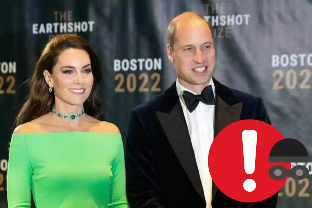 Kate Middleton y el príncipe Guillermo posan en un evento formal con un fondo que dice "The Earthshot Prize Boston 2022".