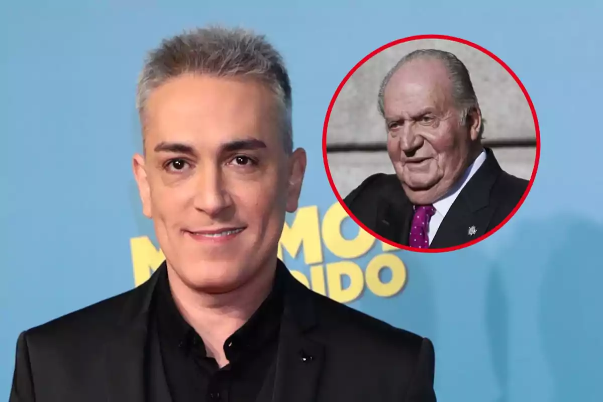 Kiko Hernández con cabello corto y canoso sonríe frente a una cámara, mientras que en la esquina superior derecha hay un círculo rojo con la imagen de Juan Carlos I con traje y corbata.