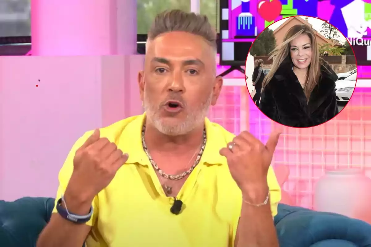 Kiko Hernández con camisa amarilla gesticula mientras habla en un set de televisión colorido; en la esquina superior derecha hay un círculo con la imagen de María José Campanario sonriendo.