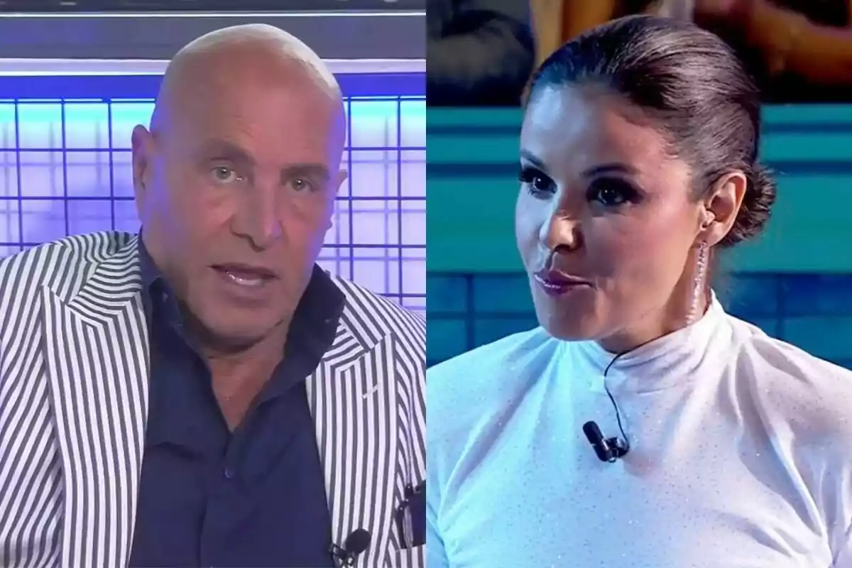 Montaje de Kiko Matmoros enfadado a la izquierda con Marta Torné hablando en Babylon Show a la derecha