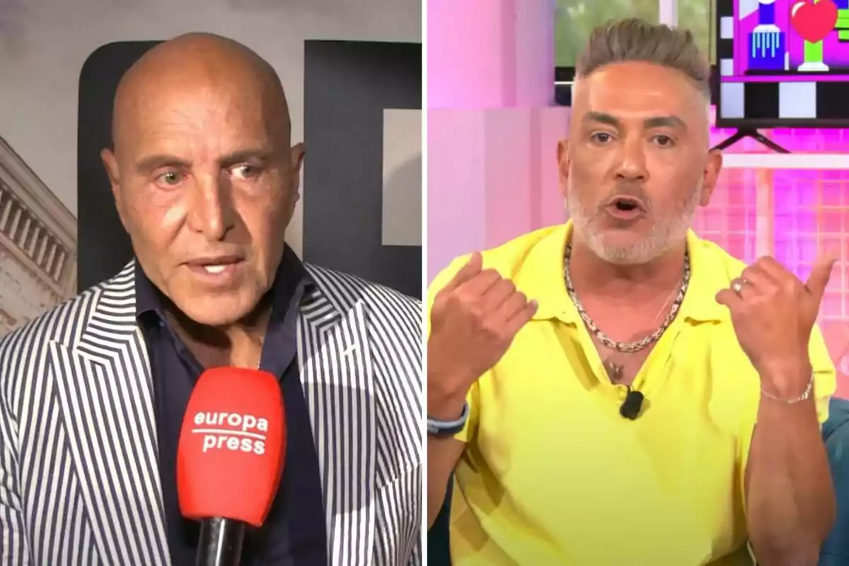 Kiko Matamoros y Kiko Hernández en una imagen dividida; el de la izquierda lleva una chaqueta a rayas y sostiene un micrófono rojo, mientras que el de la derecha viste una camisa amarilla y parece estar hablando apasionadamente. Kiko Matamoros y Kiko Hernández en una imagen dividida; el de la izquierda lleva una chaqueta a rayas y sostiene un micrófono rojo, mientras que el de la derecha viste una camisa amarilla y parece estar hablando apasionadamente.