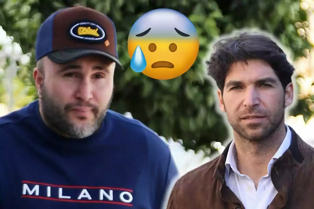 Kiko Rivera y Cayetano Rivera posan al aire libre con un emoji de preocupación superpuesto.